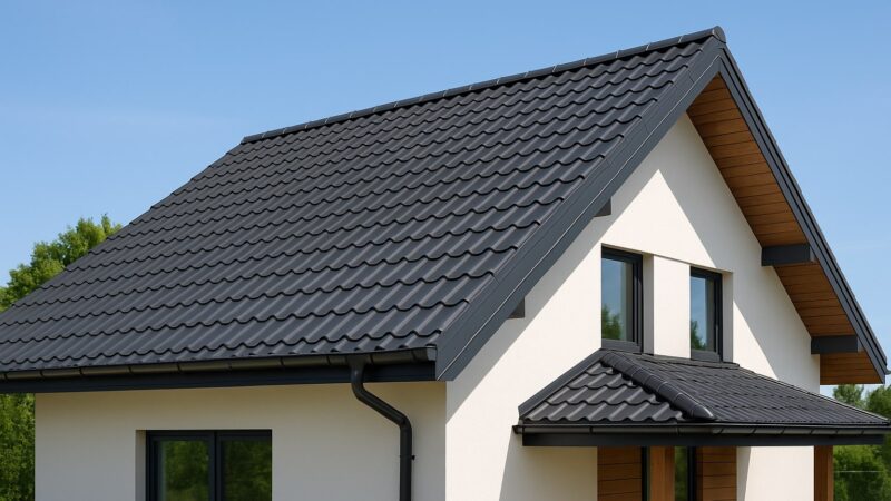 Acoperișuri moderne din țiglă metalică antracit pe o casă luminoasă cu design contemporan.