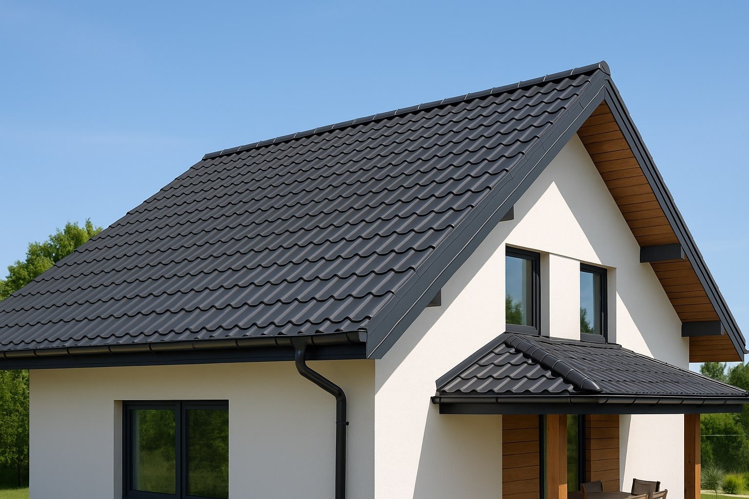 Acoperișuri moderne din țiglă metalică antracit pe o casă luminoasă cu design contemporan.