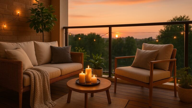 Amenajare balcon modern decorat cu mobilier din ratan, perne bej, lumânări și plante verzi, iluminat ambiental la apus.