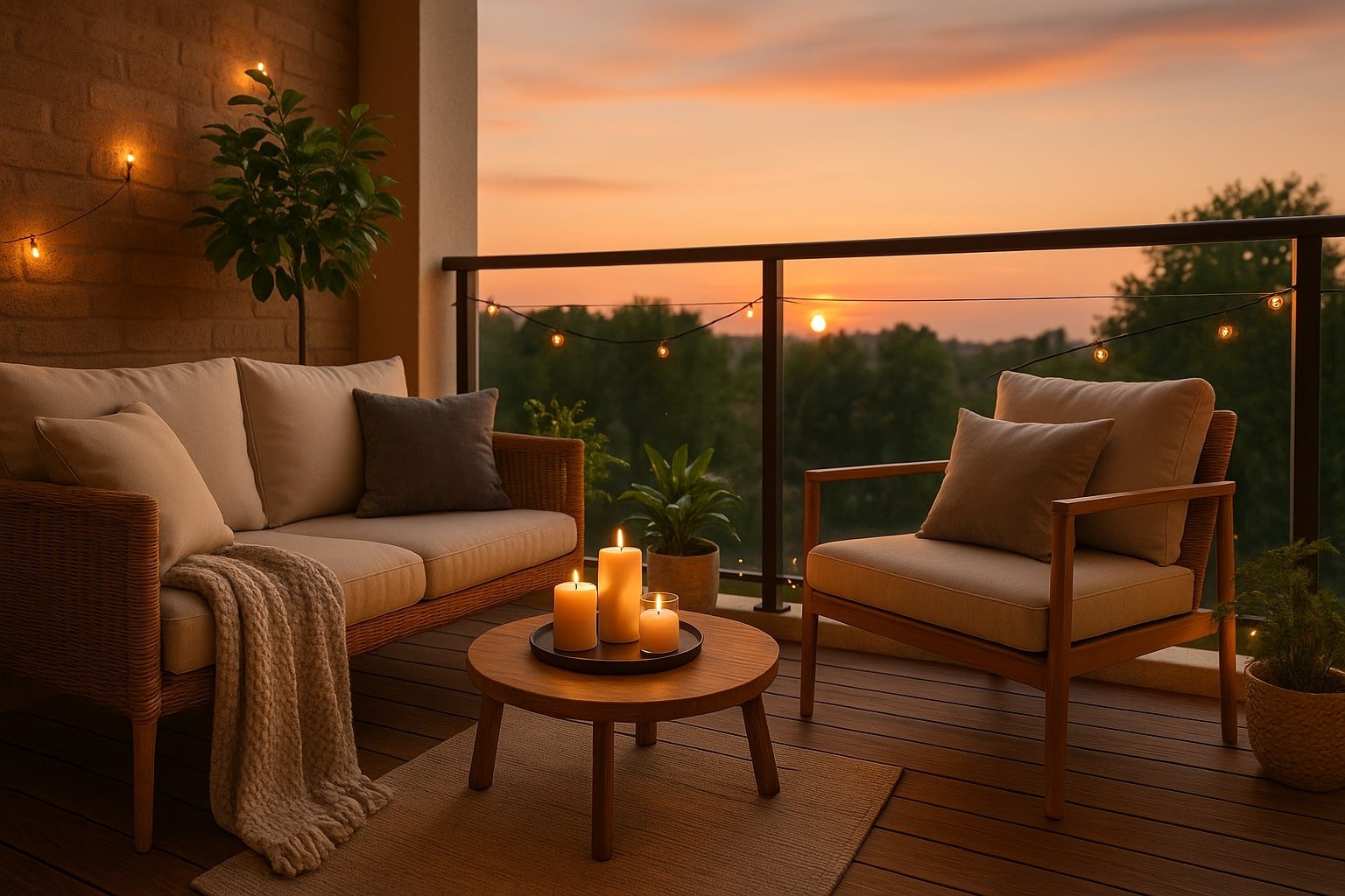 Amenajare balcon modern decorat cu mobilier din ratan, perne bej, lumânări și plante verzi, iluminat ambiental la apus.