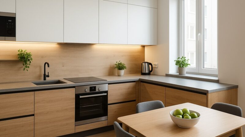 Amenajare bucătărie modernă cu mobilier alb și lemn natural, blat gri, iluminare LED și organizare inteligentă a spațiului.