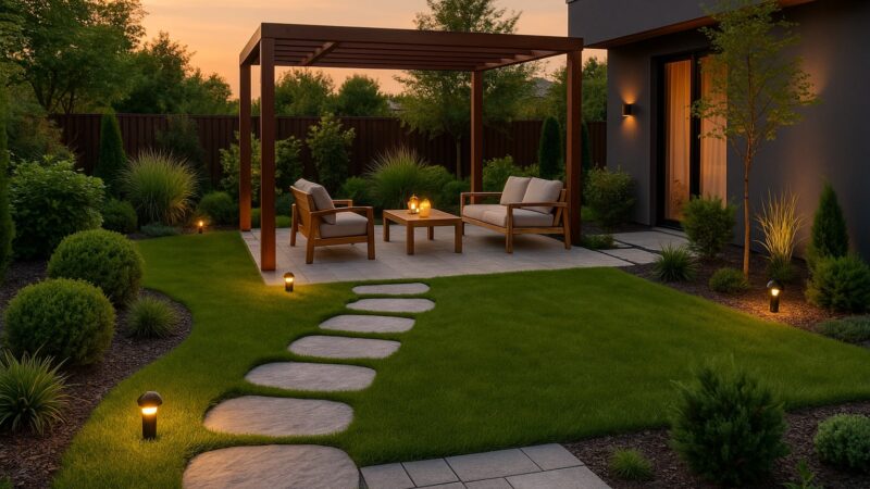 Curte modernă cu pergolă din lemn, alei din piatră naturală, gazon verde și iluminare ambientală la apus.