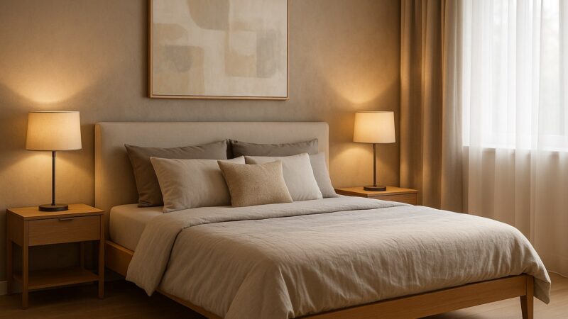 Dormitor modern decorat în tonuri calde de bej și gri, cu mobilier din lemn deschis, iluminare ambientală și accente minimaliste.