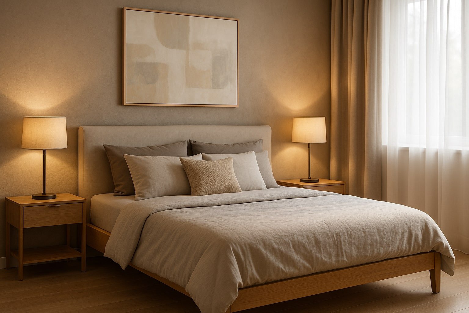 Dormitor modern decorat în tonuri calde de bej și gri, cu mobilier din lemn deschis, iluminare ambientală și accente minimaliste.