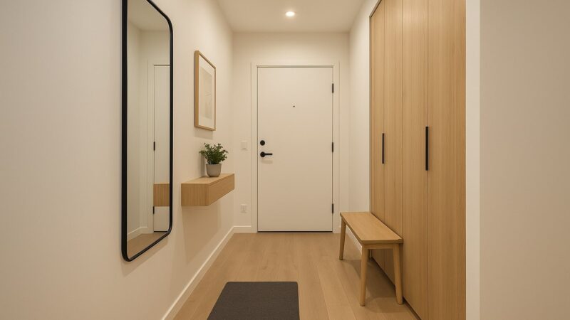 Hol modern amenajat cu mobilier din lemn deschis, oglindă cu ramă neagră, iluminare LED și finisaje durabile.