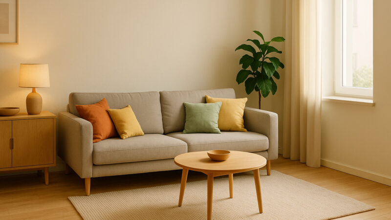 Living modern amenajat cu buget redus, mobilier minimalist din lemn deschis, accente pastel și lumină naturală.