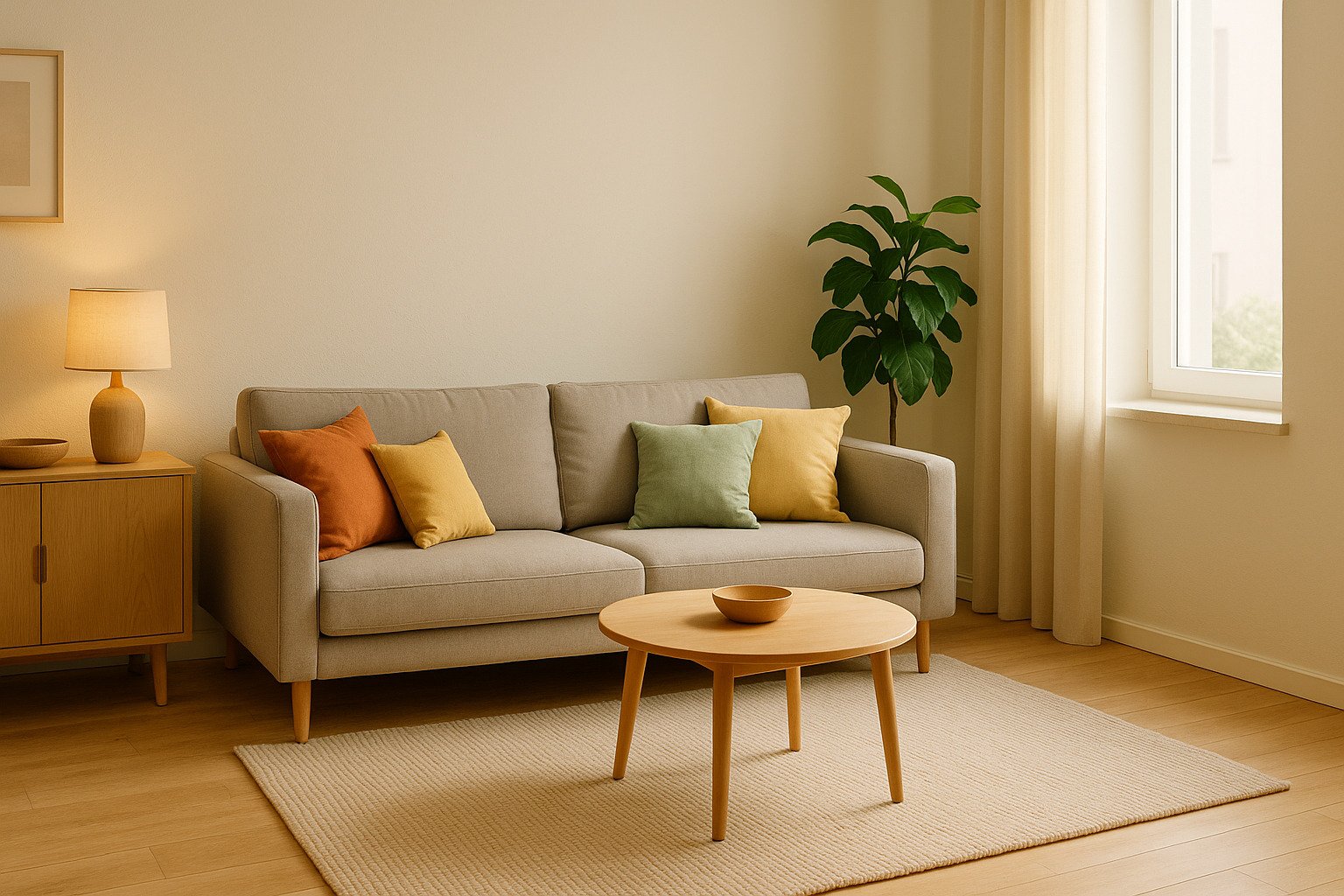 Living modern amenajat cu buget redus, mobilier minimalist din lemn deschis, accente pastel și lumină naturală.