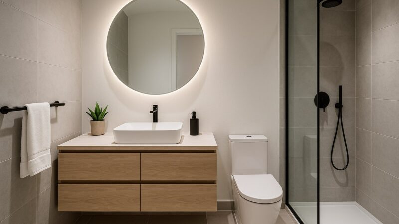 Baie modernă cu finisaje gri deschis, mobilier suspendat din lemn, oglindă rotundă iluminată LED și accente negre mate.