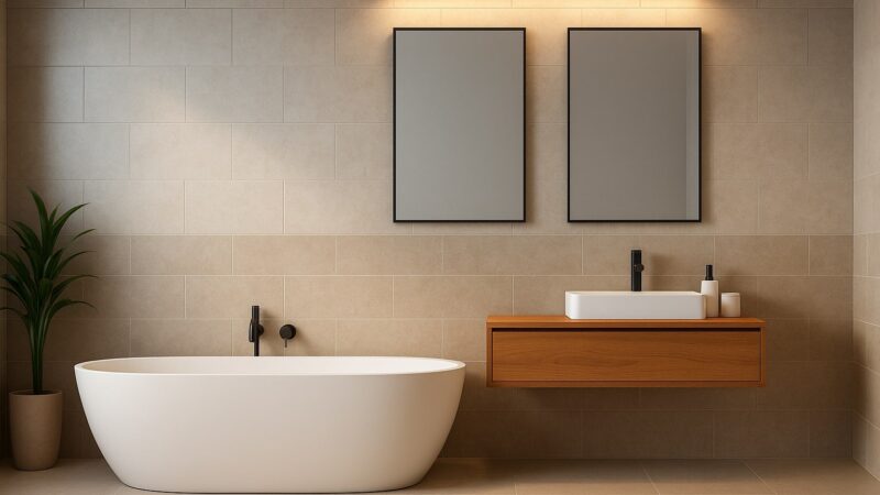 Faianță baie modernă în tonuri bej și gri perlat 2025