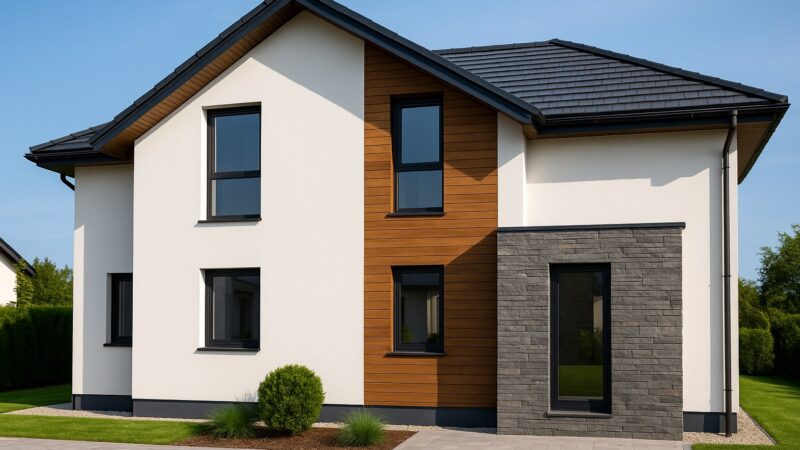 Fațade moderne de case cu combinație de tencuială albă, panouri din lemn și piatră decorativă gri.