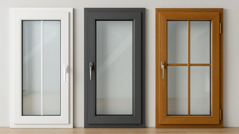 Ferestre moderne din PVC, aluminiu și lemn prezentate realist, una lângă alta, pe un perete interior luminos.