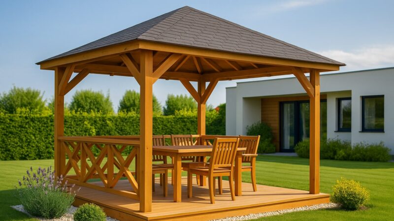 Foișoare și pergole din lemn, amplasat într-o grădină verde, cu mobilier elegant și acoperiș din șindrilă.