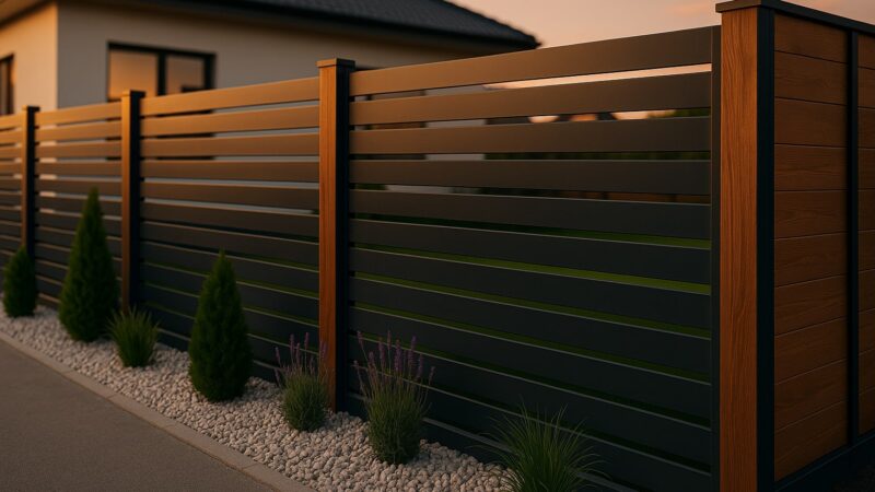 garduri moderne din lamele metalice antracit și lemn natural, cu decor de pietriș alb și plante verzi ornamentale.