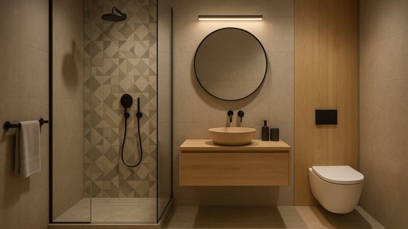 Gresie și faianță baie modernă în tonuri bej și gri deschis