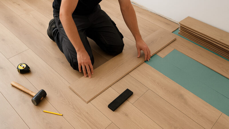 Meșter montând parchet laminat realizat profesional, cu scule de precizie și izolație fonică verde.