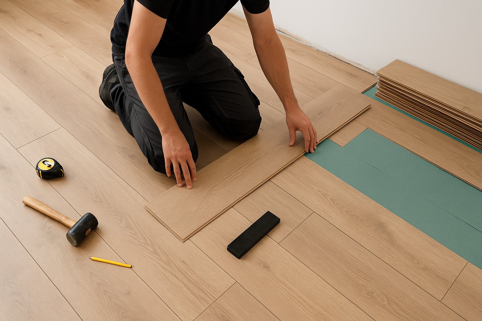 Meșter montând parchet laminat realizat profesional, cu scule de precizie și izolație fonică verde.