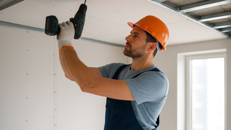 Montaj rigips 2025 cu meșter profesionist fixând plăci de gips-carton pe structură metalică, într-un interior luminos aflat în construcție.