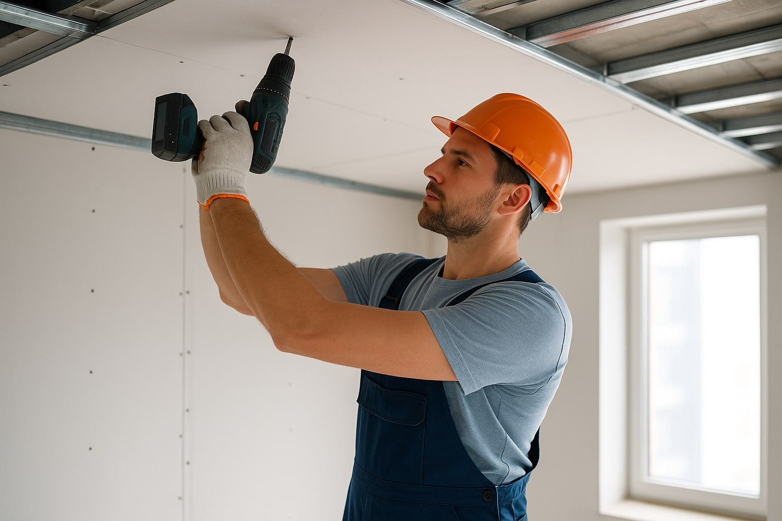 Montaj rigips 2025 cu meșter profesionist fixând plăci de gips-carton pe structură metalică, într-un interior luminos aflat în construcție.