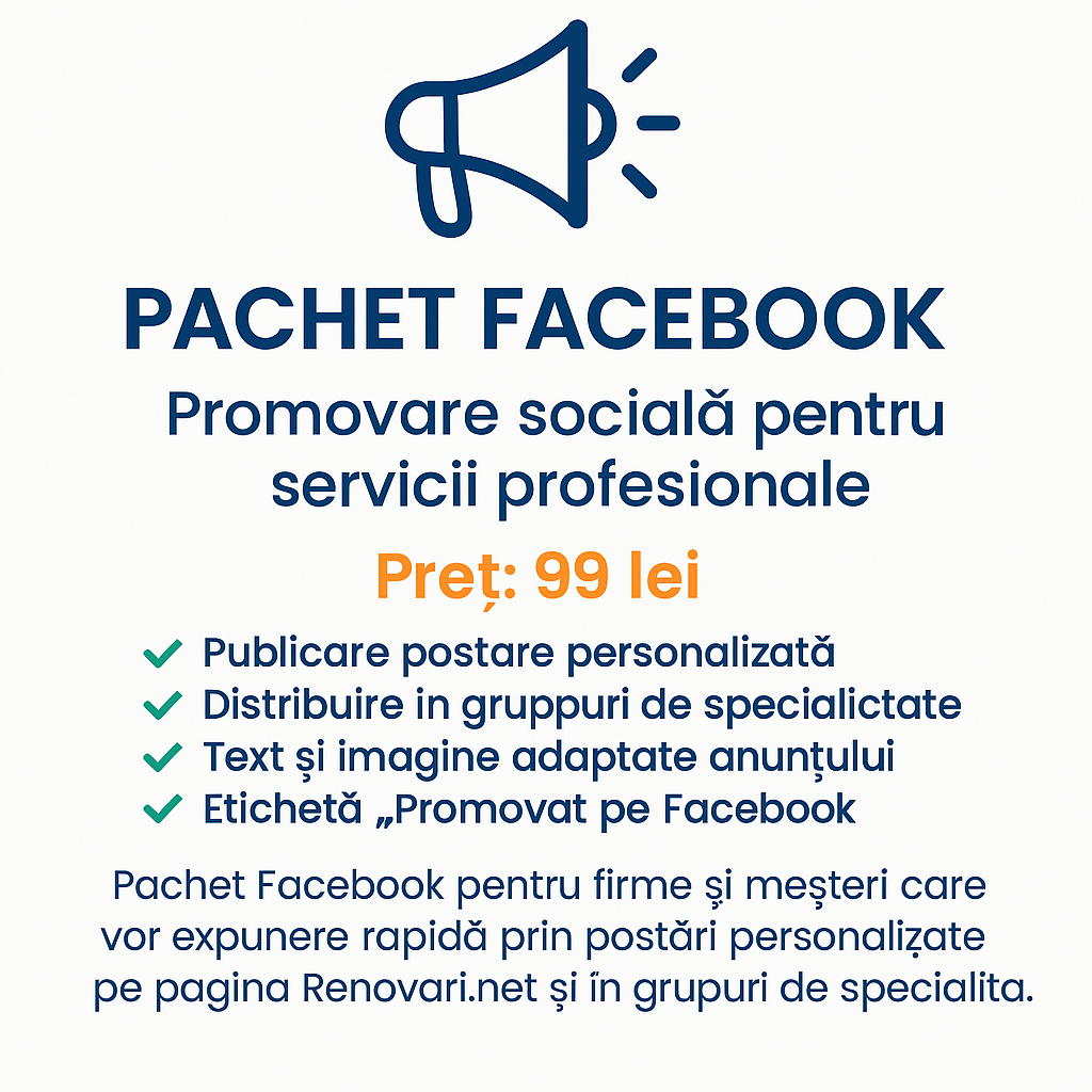 Pachet Facebook – promovare socială pentru servicii profesionale, imagine 1/1 cu fundal alb, icon megafon albastru, titlu evidențiat, preț 99 lei și listă cu beneficii: postare personalizată, distribuire în grupuri și etichetă „Promovat pe Facebook