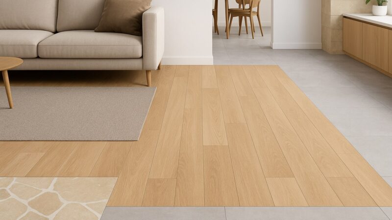 Pardoseli moderne 2025 cu gresie lucioasă, parchet din lemn natural, microciment gri și piatră bej într-un interior contemporan luminos.