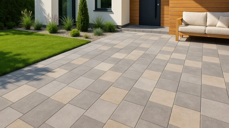 Pavaje moderne din plăci mari gri și bej, amplasat într-o curte luminoasă cu gazon și finisaje contemporane.