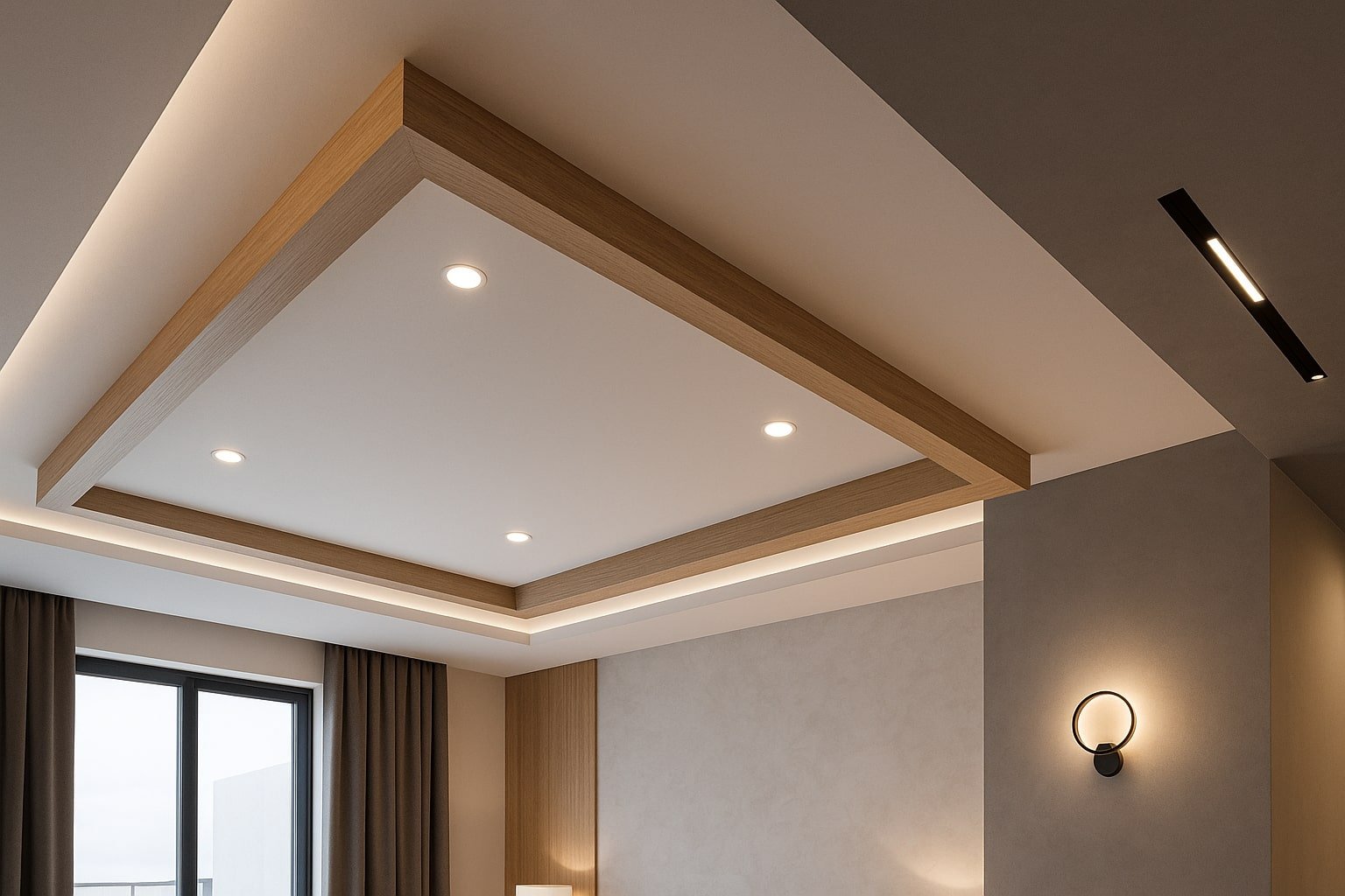 Plafoane și tavane moderne 2025 cu scafe luminoase LED, spoturi încastrate și finisaje din lemn natural într-un interior elegant contemporan.