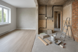 Apartament în curs de renovare, cu partea stângă complet finisată și partea dreaptă în șantier – materiale, scule și instalații expuse vizibile în fundal.