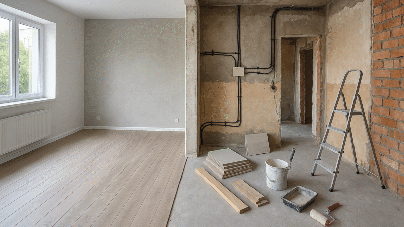Apartament în curs de renovare, cu partea stângă complet finisată și partea dreaptă în șantier – materiale, scule și instalații expuse vizibile în fundal.