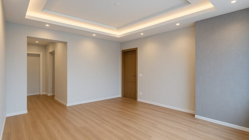 Interior modern 2025 cu pereți și tavane din rigips, scafe cu iluminare LED, finisaje albe și compartimentări elegante din gips-carton.