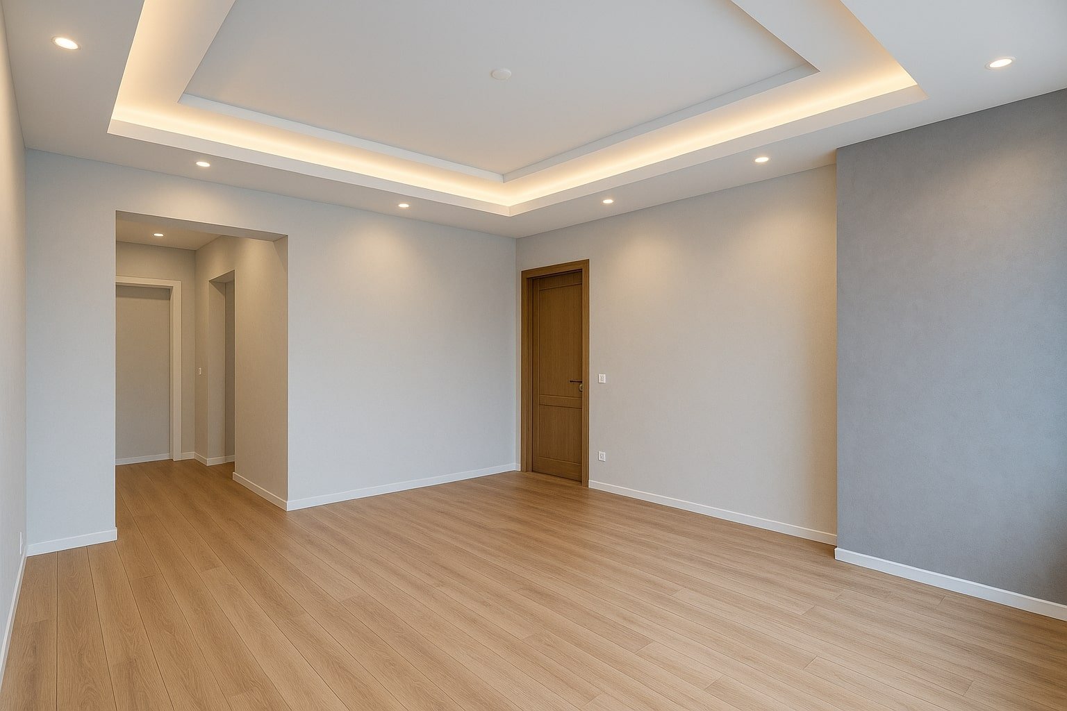 Interior modern 2025 cu pereți și tavane din rigips, scafe cu iluminare LED, finisaje albe și compartimentări elegante din gips-carton.