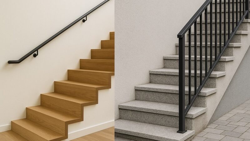 Scări moderne interioare din lemn și exterioare din piatră cu balustrade negre, în tendințele anului 2025.