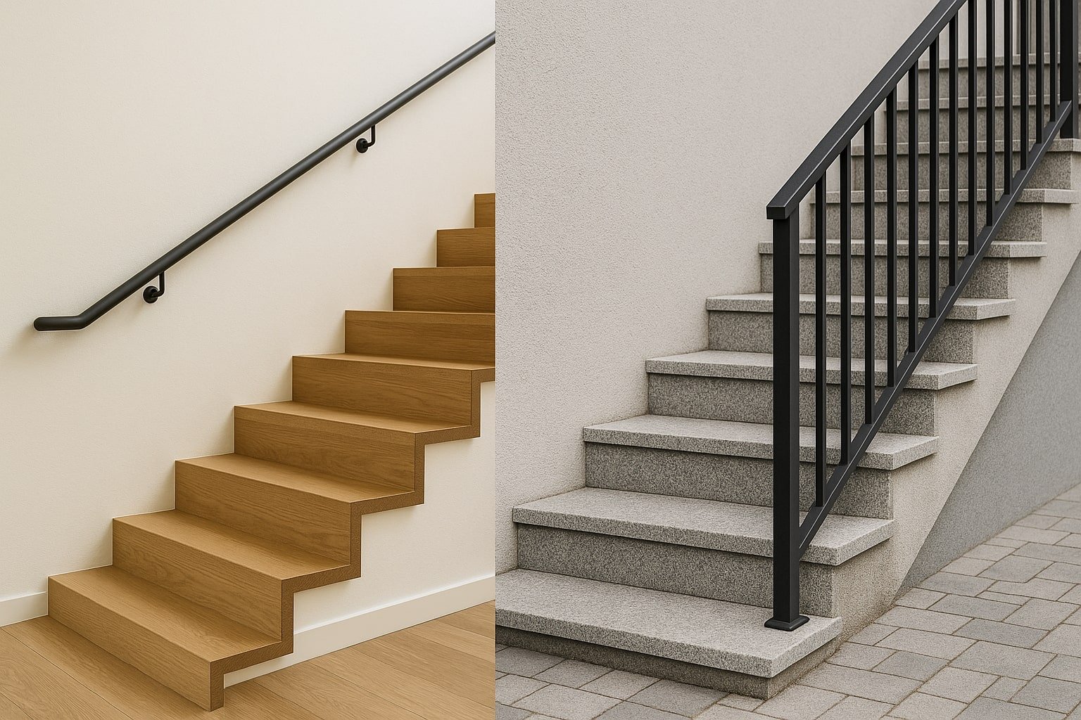 Scări moderne interioare din lemn și exterioare din piatră cu balustrade negre, în tendințele anului 2025.