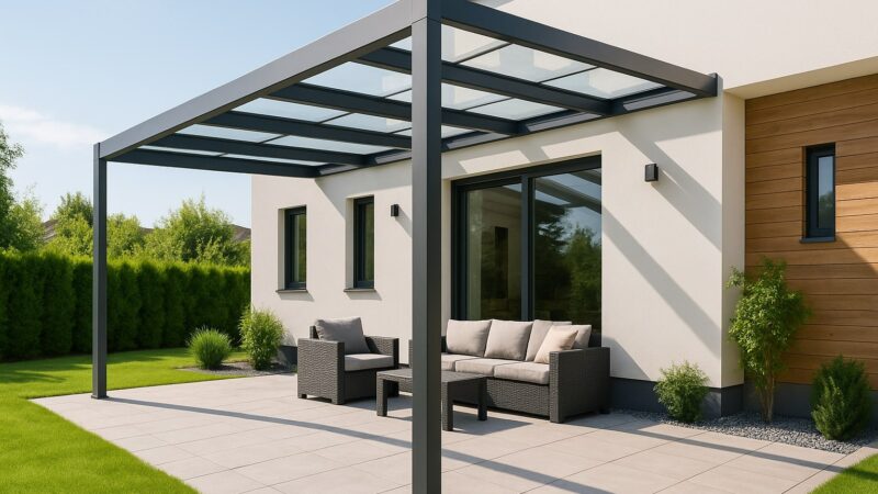 Structuri metalice moderne cu copertină modernă din metal antracit și sticlă, amplasată pe o terasă minimalistă cu mobilier de exterior elegant.