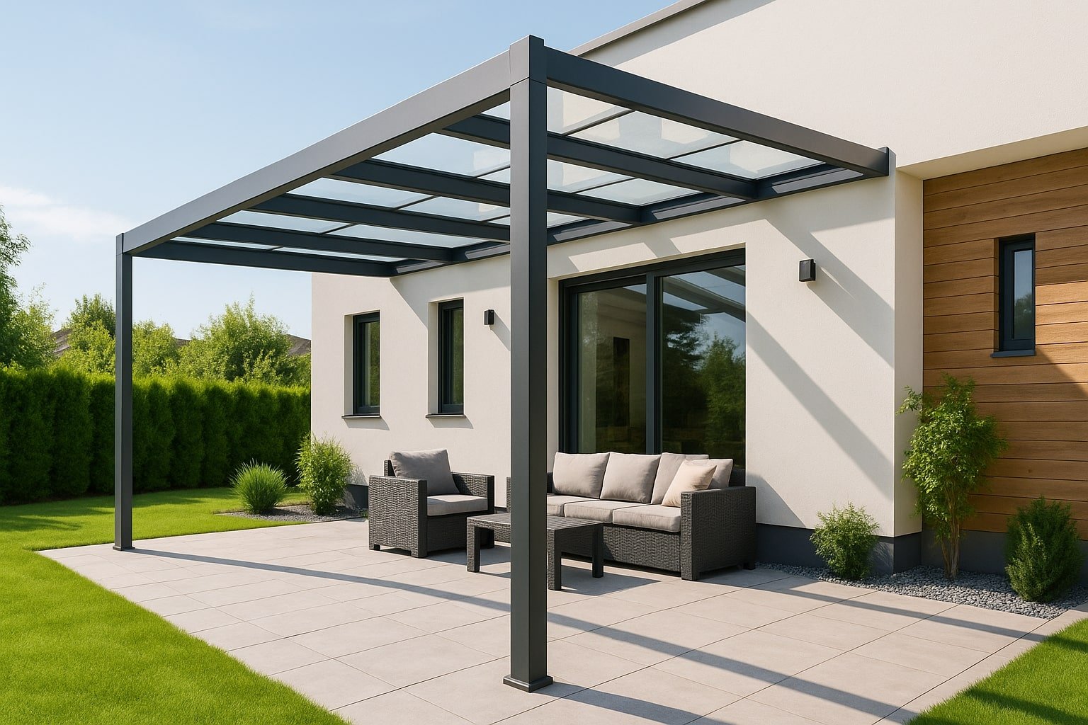 Structuri metalice moderne cu copertină modernă din metal antracit și sticlă, amplasată pe o terasă minimalistă cu mobilier de exterior elegant.