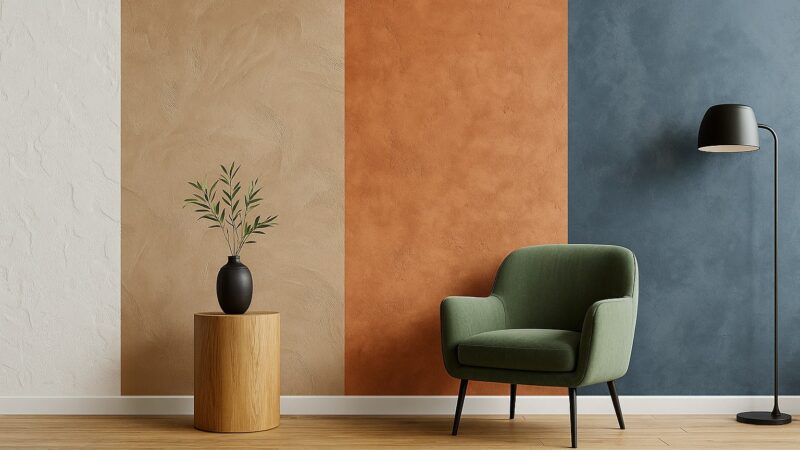 Tencuieli decorative moderne 2025 în culori bej, alb, teracotă și albastru, evidențiind texturi și finisaje diferite într-un interior elegant.