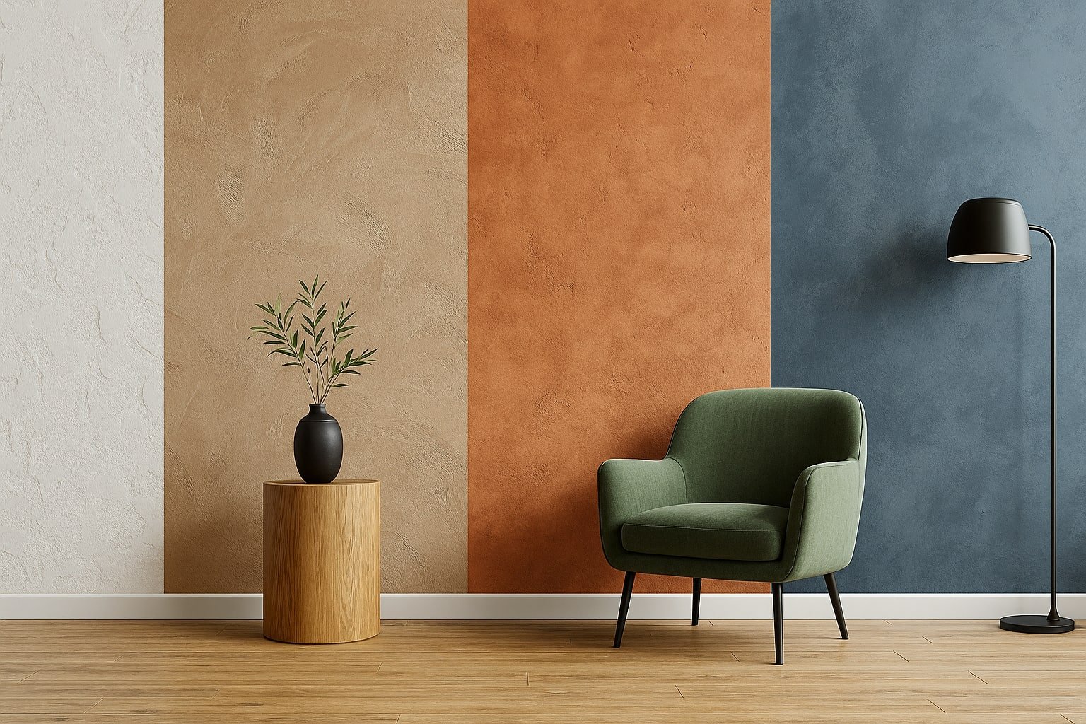 Tencuieli decorative moderne 2025 în culori bej, alb, teracotă și albastru, evidențiind texturi și finisaje diferite într-un interior elegant.
