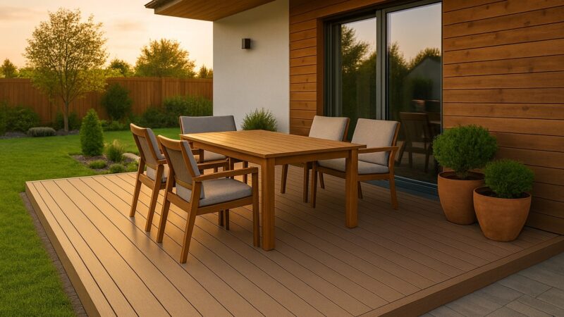 Terase moderne din lemn și deck WPC, cu mobilier de exterior elegant și lumină caldă de apus într-o grădină verde.