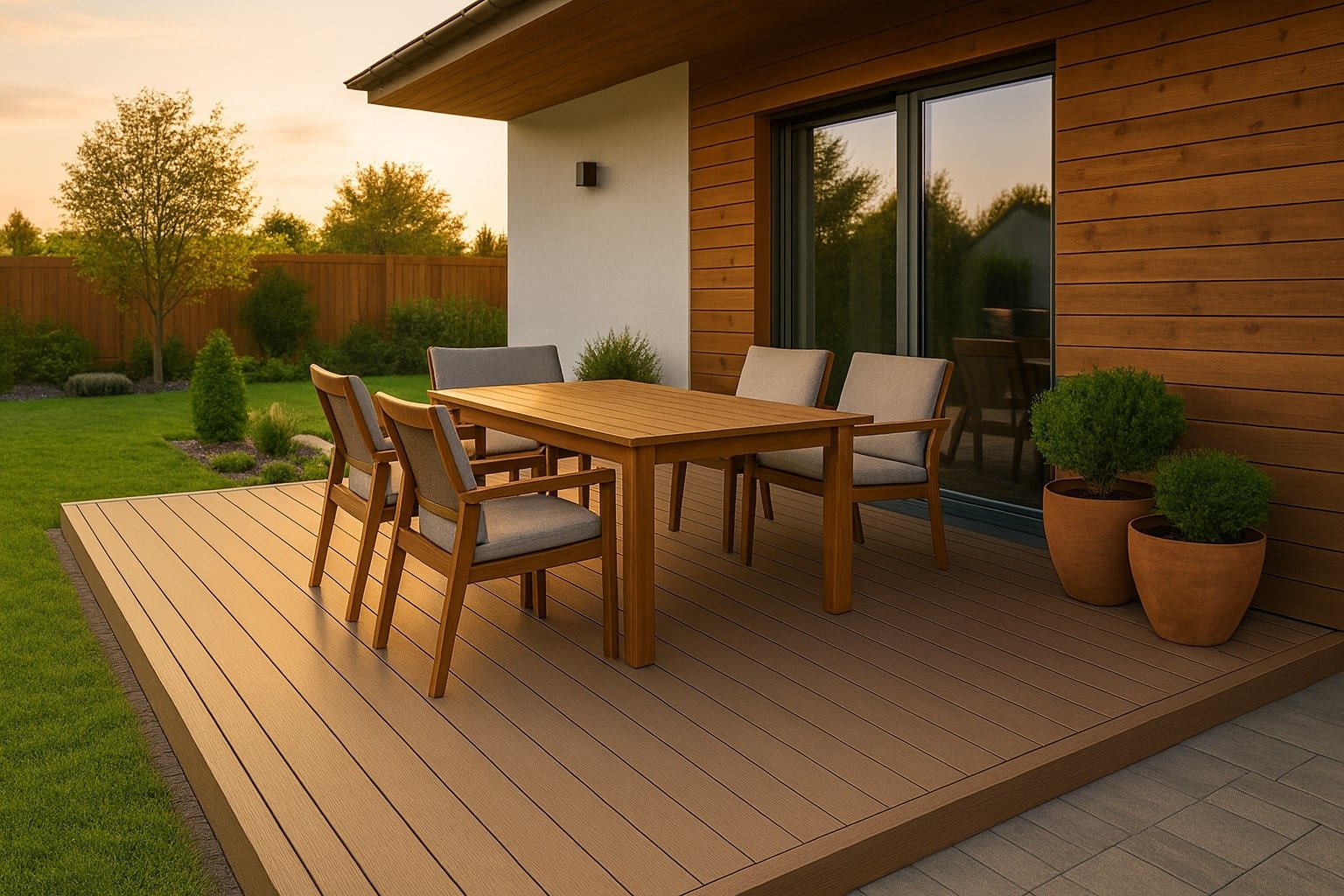 Terase moderne din lemn și deck WPC, cu mobilier de exterior elegant și lumină caldă de apus într-o grădină verde.