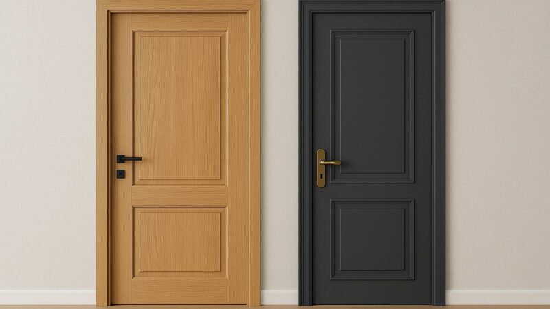 Uși moderne din lemn natural și finisaj gri antracit, ilustrând tendințele anului 2025 pentru interior și exterior.