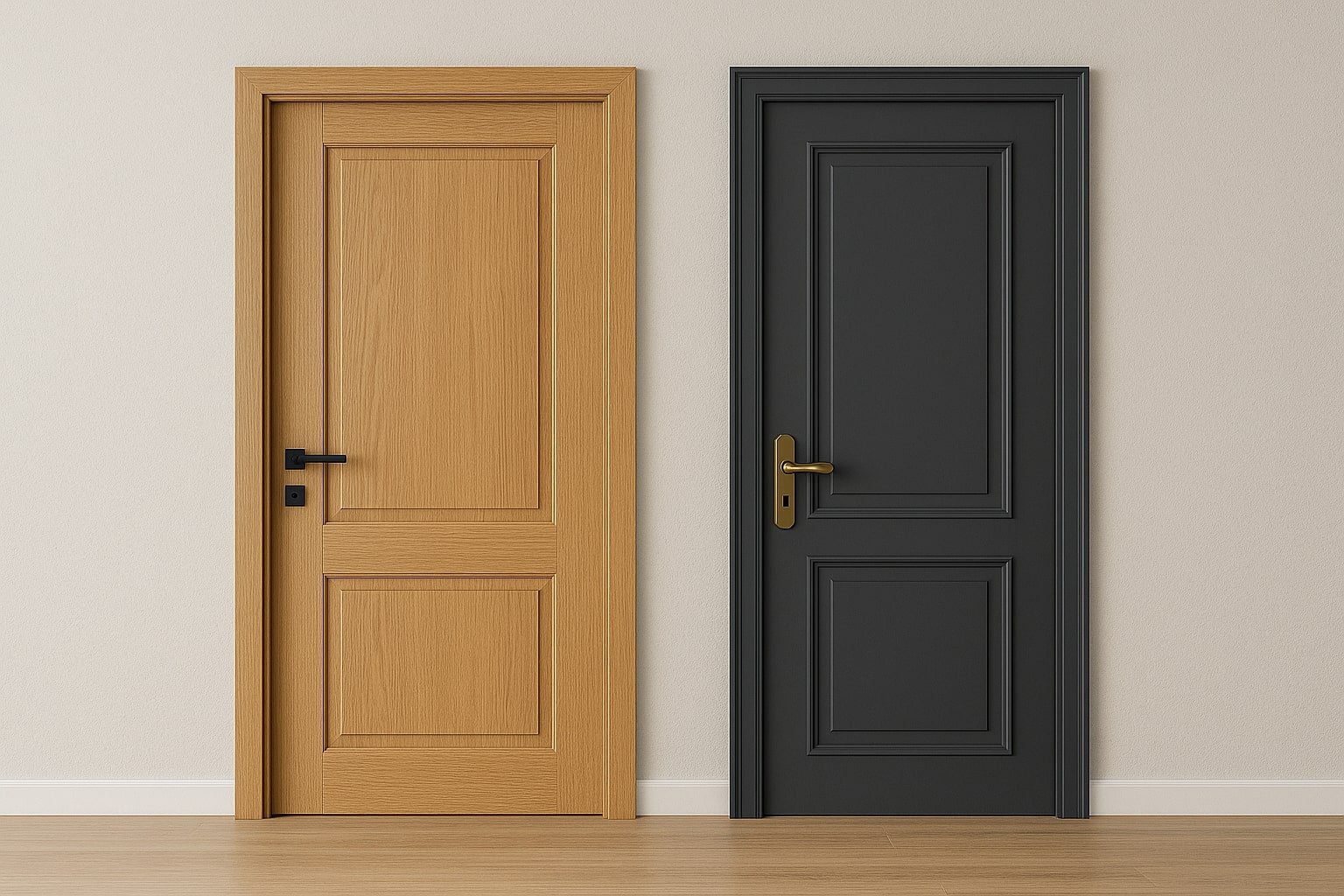 Uși moderne din lemn natural și finisaj gri antracit, ilustrând tendințele anului 2025 pentru interior și exterior.