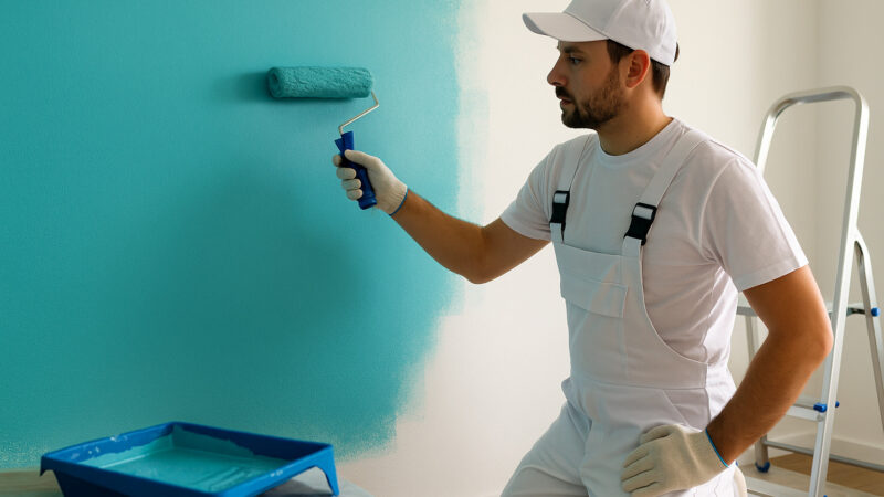 zugrăveli interioare moderne culori neutre si turcoaz 2025 - Living modern zugrăvit în tonuri neutre