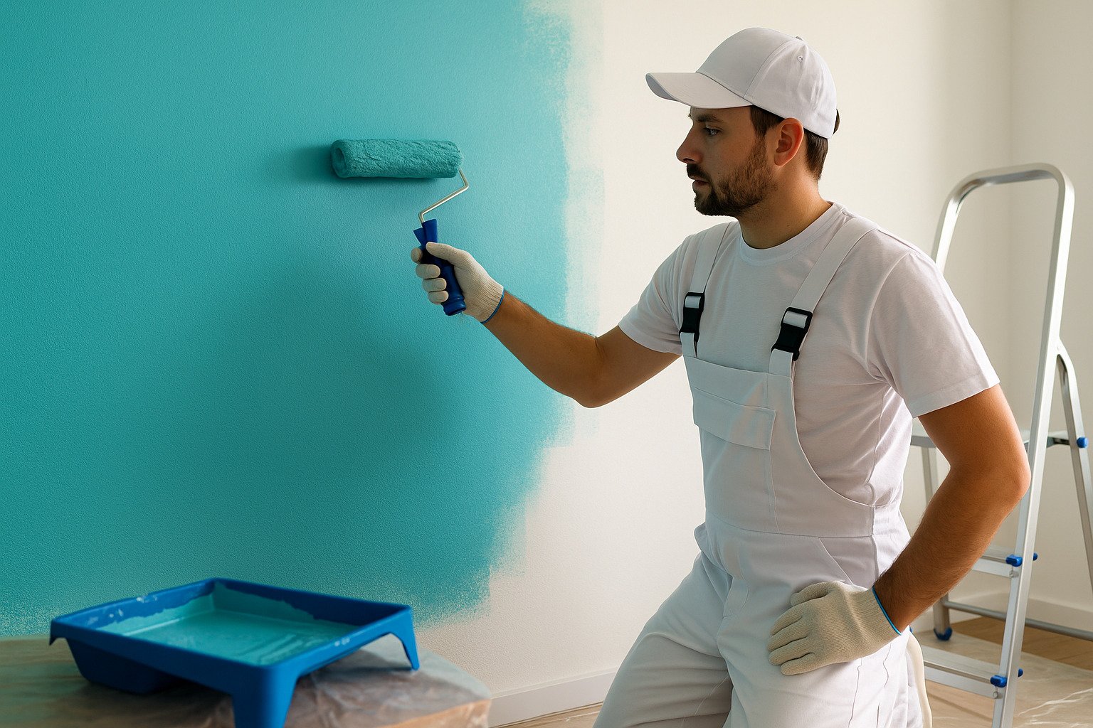 zugrăveli interioare moderne culori neutre si turcoaz 2025 - Living modern zugrăvit în tonuri neutre