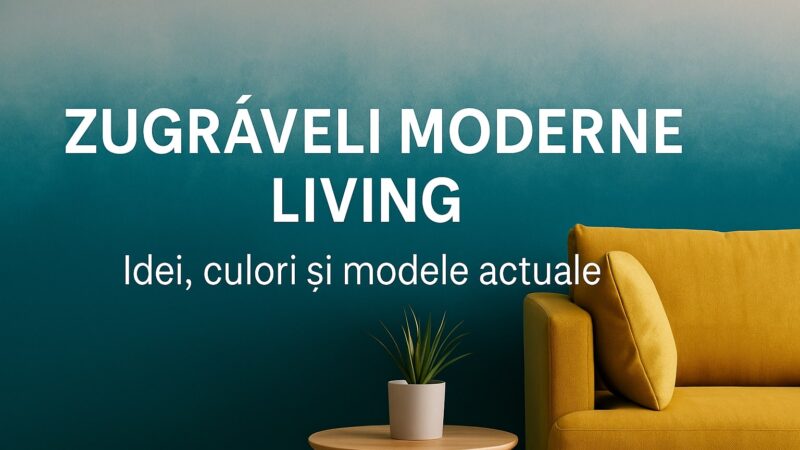 Zugrăveli moderne living – perete ombre verde-teal cu canapea galbenă și decor minimalist
