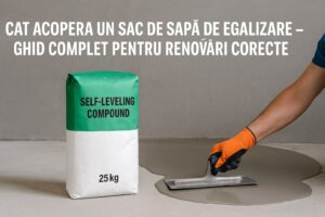 Baner 16/9 care arată un sac de șapă de egalizare de 25 kg și un meseriaș care nivelează pardoseala, imagine pentru articolul „cat acopera un sac de sapa de egalizare”.
