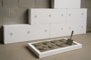 Placă de polistiren cu adeziv pe pardoseală și panouri montate pe perete exterior, folosită ca imagine reprezentativă pentru articolul Cat costa metru patrat de placat cu polistiren.