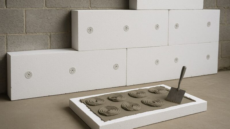 Placă de polistiren cu adeziv pe pardoseală și panouri montate pe perete exterior, folosită ca imagine reprezentativă pentru articolul Cat costa metru patrat de placat cu polistiren.