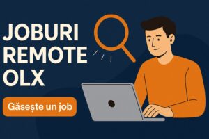 banner joburi remote OLX cu bărbat la laptop și buton CTA găsește un job