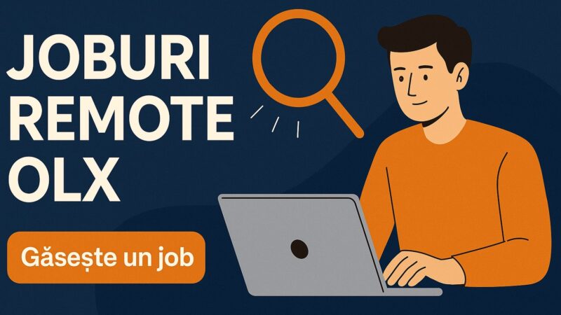 banner joburi remote OLX cu bărbat la laptop și buton CTA găsește un job