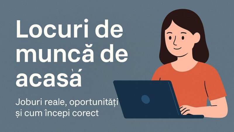 locuri de muncă de acasă banner cu femeie lucrând la laptop și titlu informativ