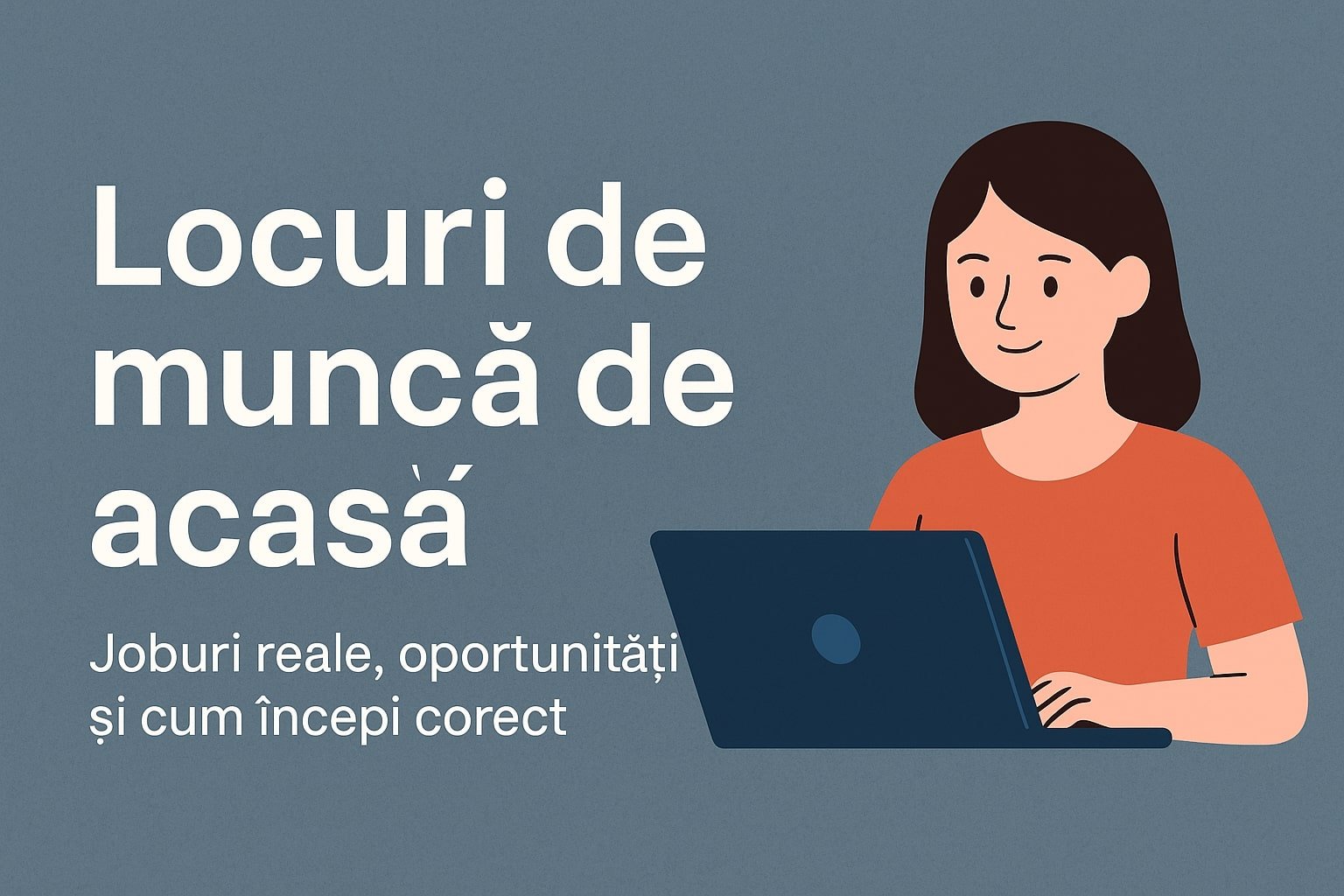 locuri de muncă de acasă banner cu femeie lucrând la laptop și titlu informativ